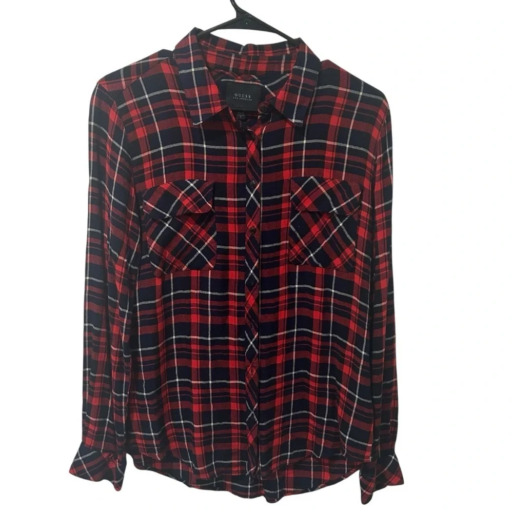 Guess Los Angeles Women’s Plaid Button-Up Shirt Red Navy lightweight Size S - Picture 2 of 6